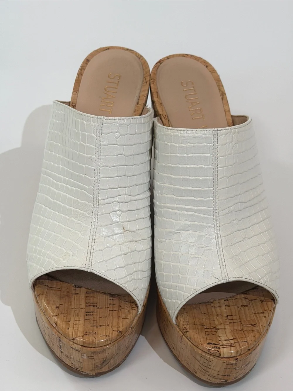 Stuart Weitzman High Heel Cork Wedge Slide Size 8 White Croc Embossed - Picture 2 of 9